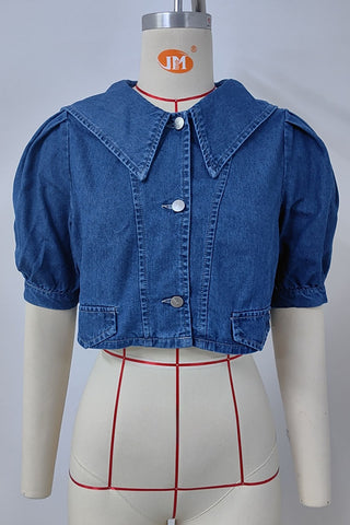 Puff Sleeve Collared Crop Denim Jacket