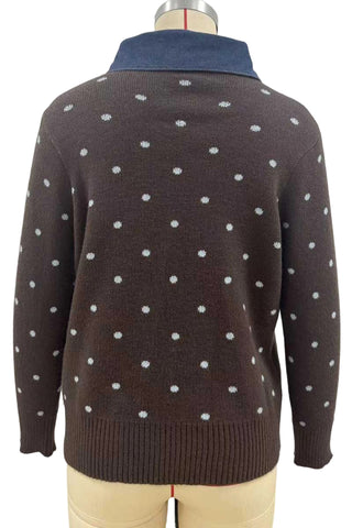 Polka Dot Knit Cardigan with Denim Collar