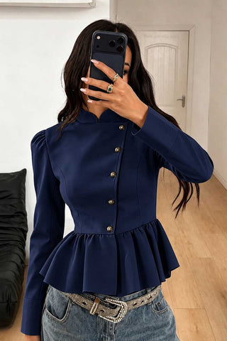 Mock Neck Puff Sleeve Peplum Blazer