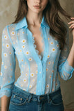Sheer Floral Lace Trim Button-Front Blouse