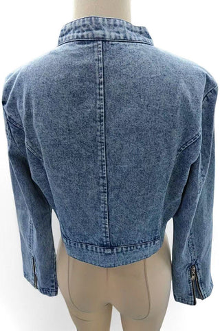 Zippered Collarless Crop Denim Jacket