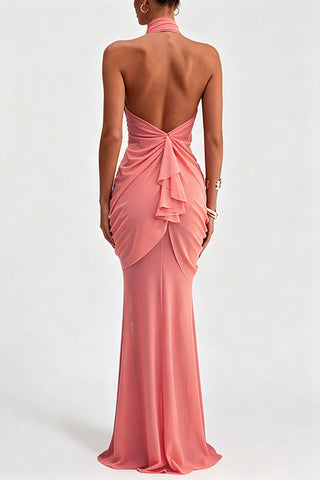 Ruched Halter Butterfly Maxi Casual Dress