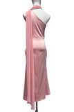 One-Shoulder Tie Neck Satin Midi Dress