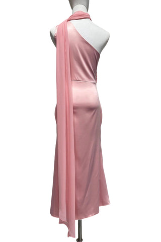 One-Shoulder Tie Neck Satin Midi Dress