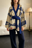 Fish Print Wrap V-Neck Belted Cardigan