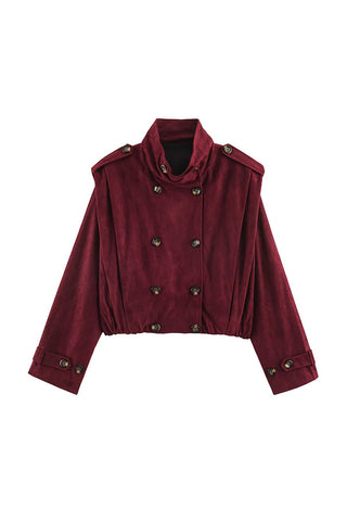 Double-Breasted Velvet Crop Coat