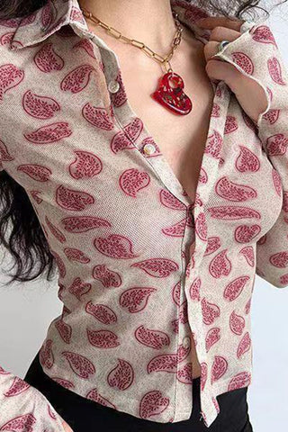 Paisley Print Button-Front Long Sleeve Shirt