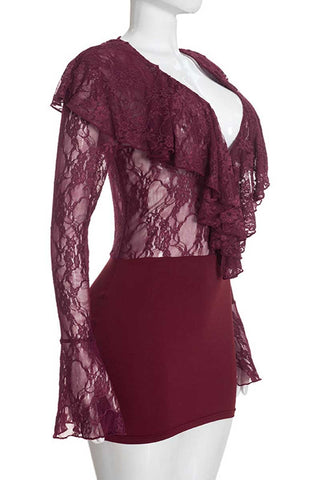 Sheer Lace Ruffle V-Neck Mini Dress