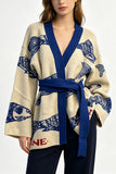 Fish Print Wrap V-Neck Belted Cardigan