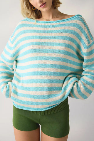 Striped One-Shoulder Knit Sweater