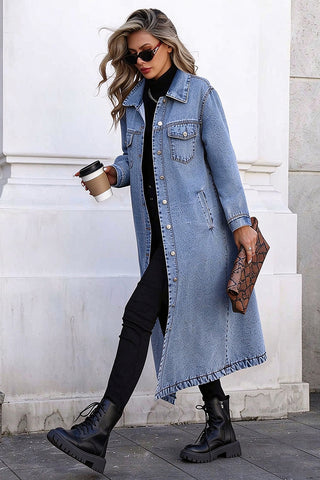 Long Sleeve Button-Front Denim Maxi Coat