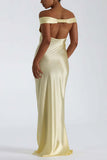 Ruched Off-Shoulder Satin Maxi Evening Dress