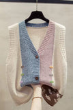 Color-Block Knit Button-Front V-Neck Vest