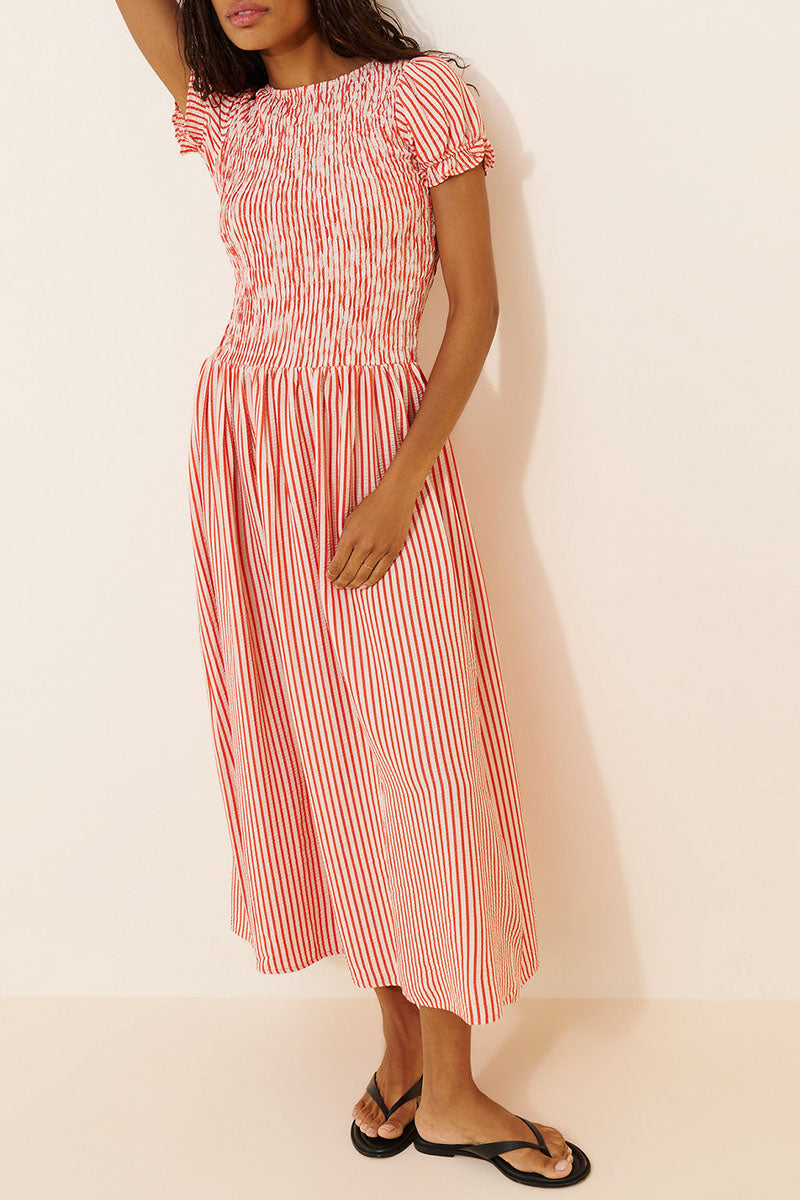 Smocked Puff Sleeve Striped Midi Dress