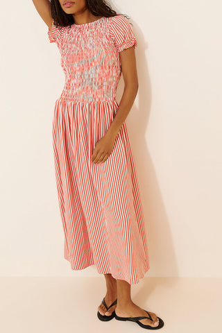 Smocked Puff Sleeve Striped Midi Dress