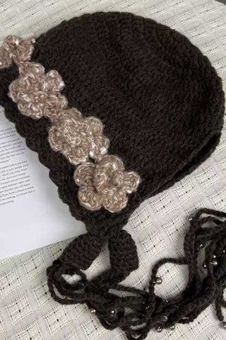 Crochet Floral Applique Beaded Tie Hat