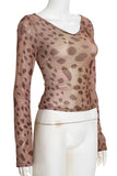 Sheer Leopard Print V-Neck Long Sleeve Top