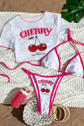 Cherry-Print Bikini Set with Cover-Up