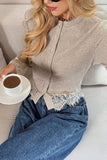 Ribbed Lace Trim Button-Front Cardigan
