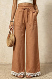 Ruffle Waist Lace-Trim Wide-Leg Pants