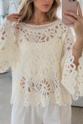 Floral Crochet Hollow Long Sleeve Cover-Up