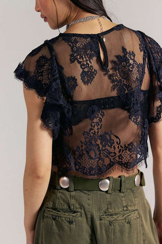 Sheer Lace Flutter Sleeve Crop Top