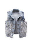 Floral Beaded Collared Denim Vest