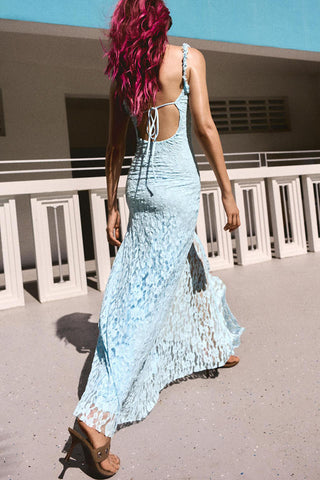 Ruched Square Neck Lace Maxi Dress