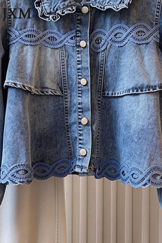 Ruffle Collar Lace Trim Puff Sleeve Jacket