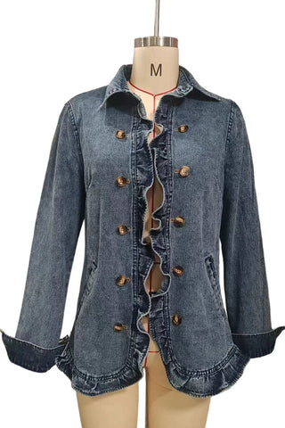Ruffle Trim Double-Breasted Denim Jacket