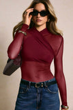 Sheer Mesh Ruched V-Neck Long Sleeve Bodysuit
