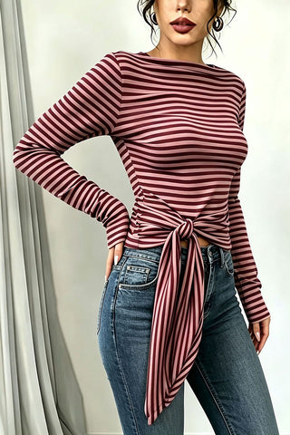 Striped Long Sleeve Tie-Front Blouse