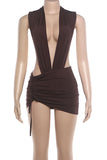 Sleeveless Plunge Neck Ruched Mini Skirt Set