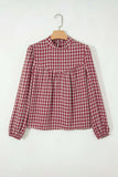 Plaid Mock Neck Puff Sleeve Blouse