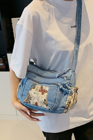 Floral Patch Zipper Drawstring Bag