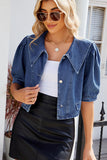 Puff Sleeve Collared Crop Denim Jacket
