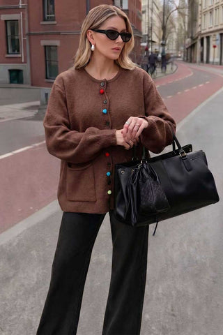 Colorful Button Crew Neck Knit Cardigan