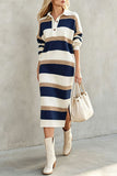 Striped Ribbed Knit Polo Midi Dress