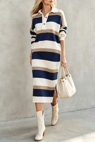 Striped Ribbed Knit Polo Midi Dress
