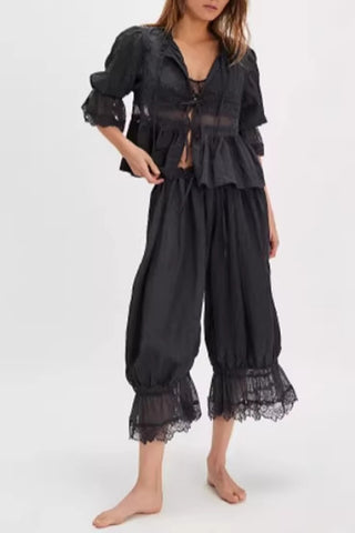 Lace-Trimmed Peplum Pants Set