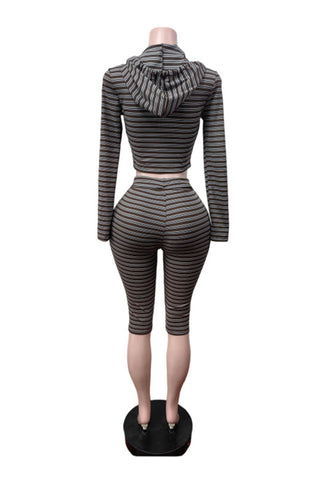 Striped Zip-Up Hoodie Crop Pants Set