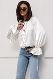 Ruffle V-Neck Tie Sleeve Satin Blouse
