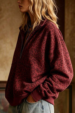 Leopard Print Half-Zip Pullover Sweatshirt