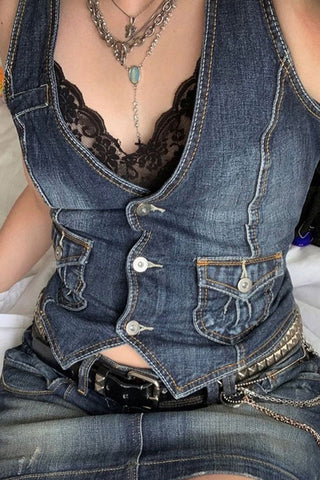 Button-Front Pocket Denim Vest