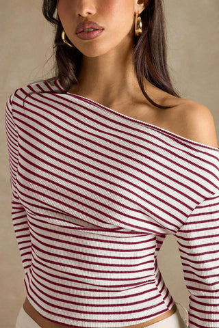 Ribbed One-Shoulder Striped Long Sleeve Top