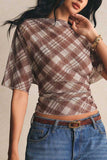 Sheer Plaid Flutter Sleeve Ruched Top