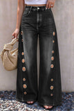 Metal Eyelet High-Waist Wide-Leg Baggy Jeans