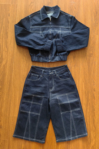 Zip-Front Collared Denim Short Set