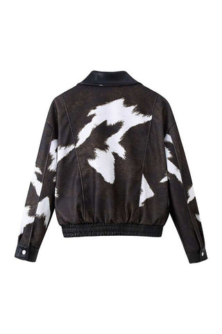 Cow Print Collared Zip-Up Jacket