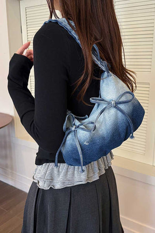 Ruched Handle Drawstring Denim Hobo Bag